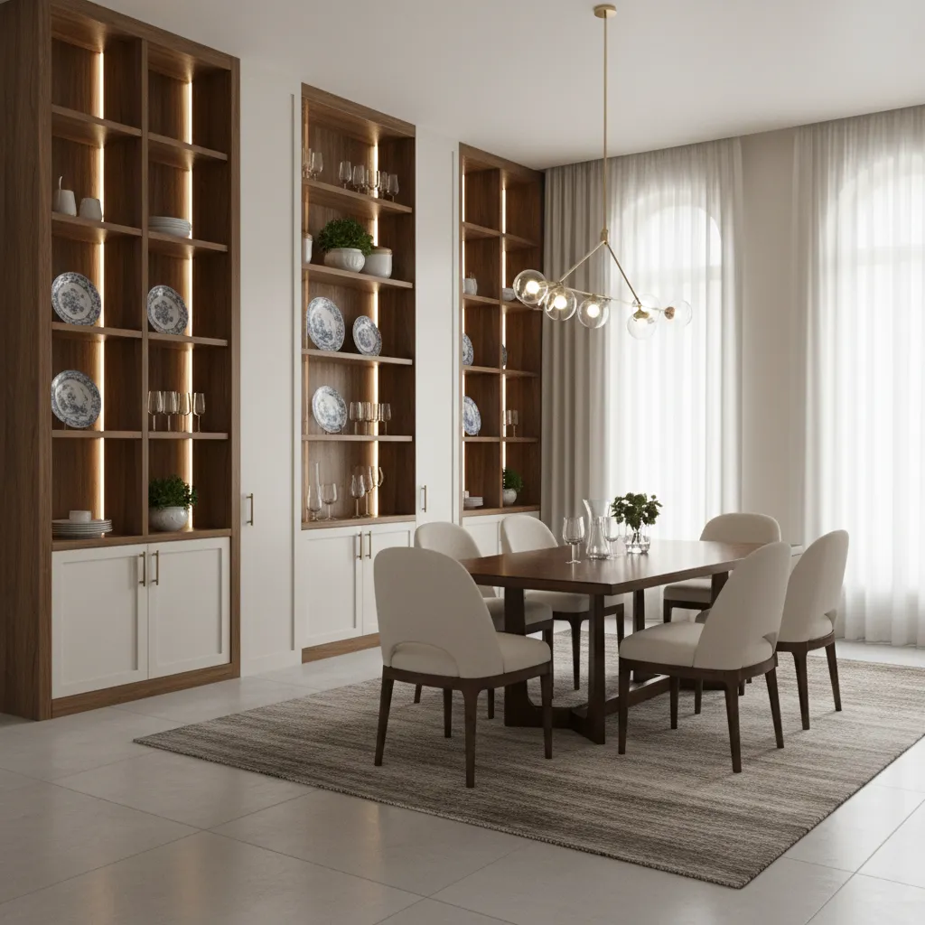 Custom dining room built in shelves with decorative display