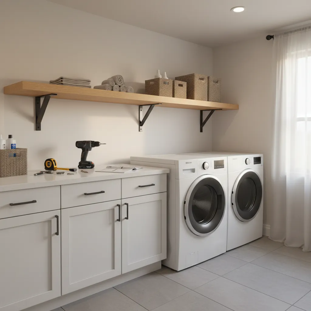 DIY wooden laundry shelf with brackets installed above appliances