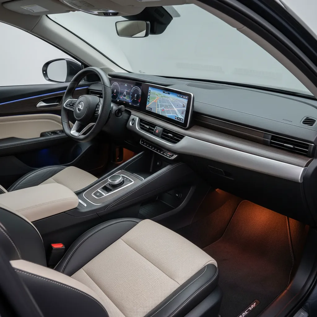 custom upgraded compact sedan interior with two tone upholstery and lighting