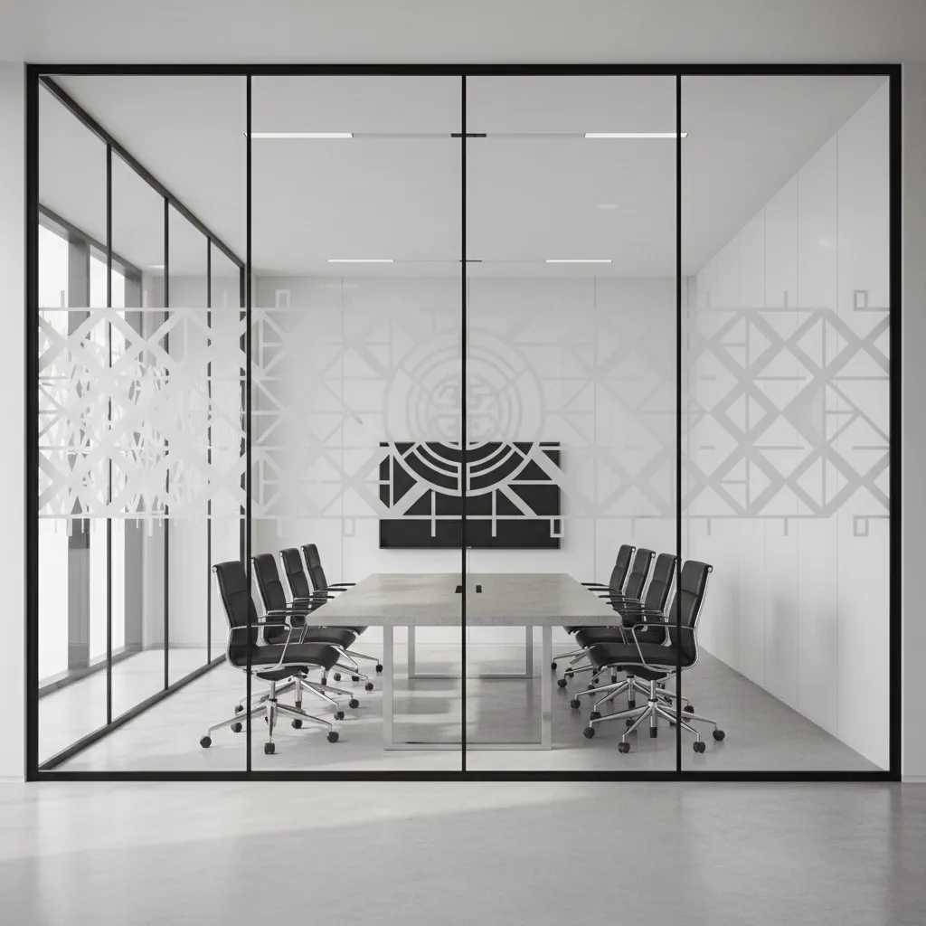 Office conference room glass wall with custom frosted logo pattern