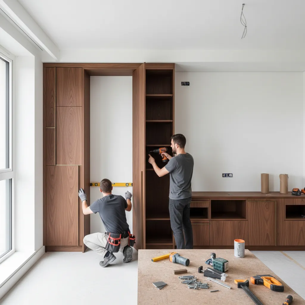 Two workers installing custom wooden wall cabinets using a level and power drill in room