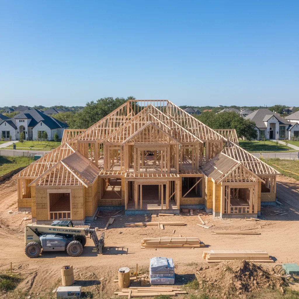 Large custom home under construction in Austin Texas framing stage