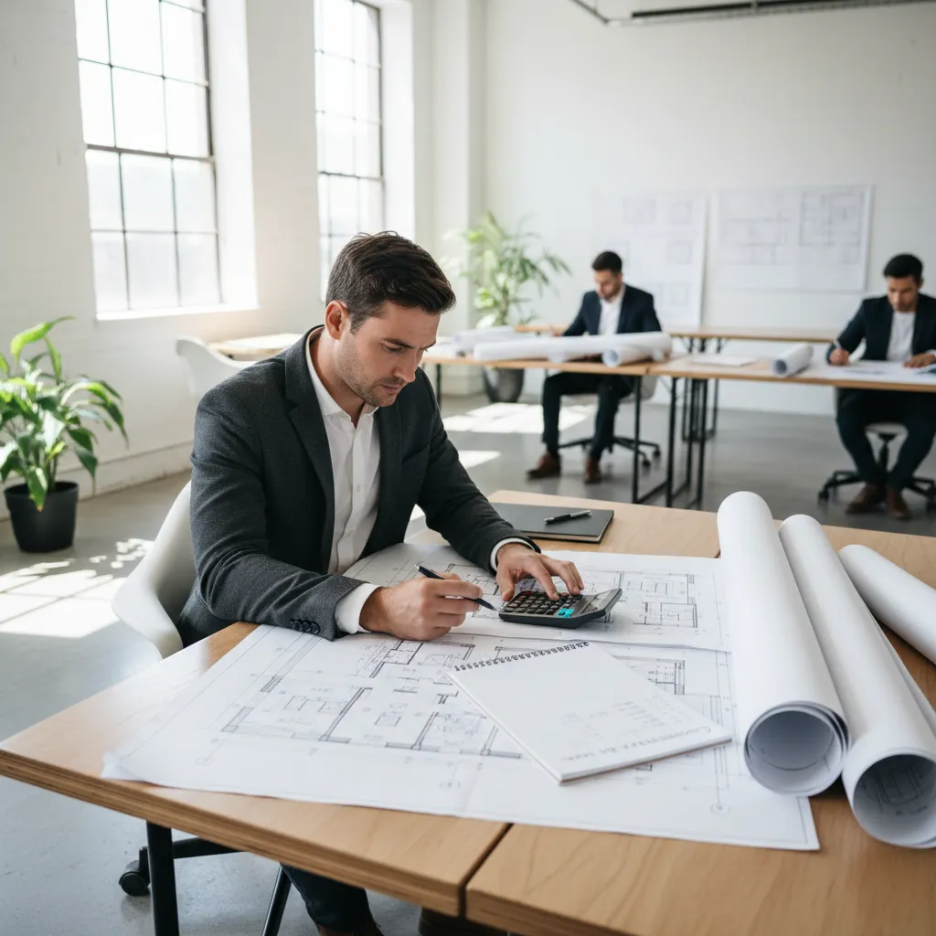 Man using a calculator to plan a home construction budget over an interior design drawing