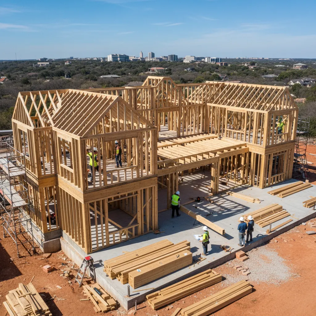 custom home under construction in Austin with framing and large footprint