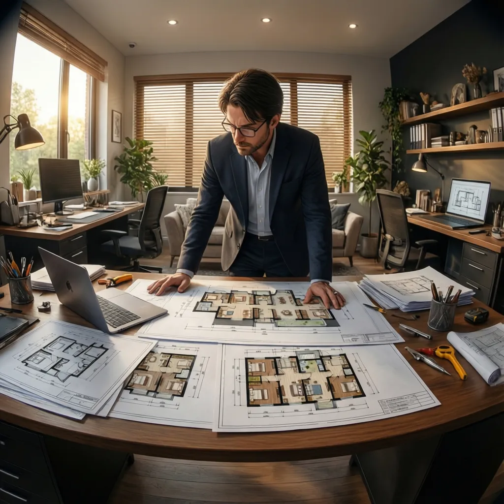 Professional man reviewing several house interior design drawings on a large wooden desk in office