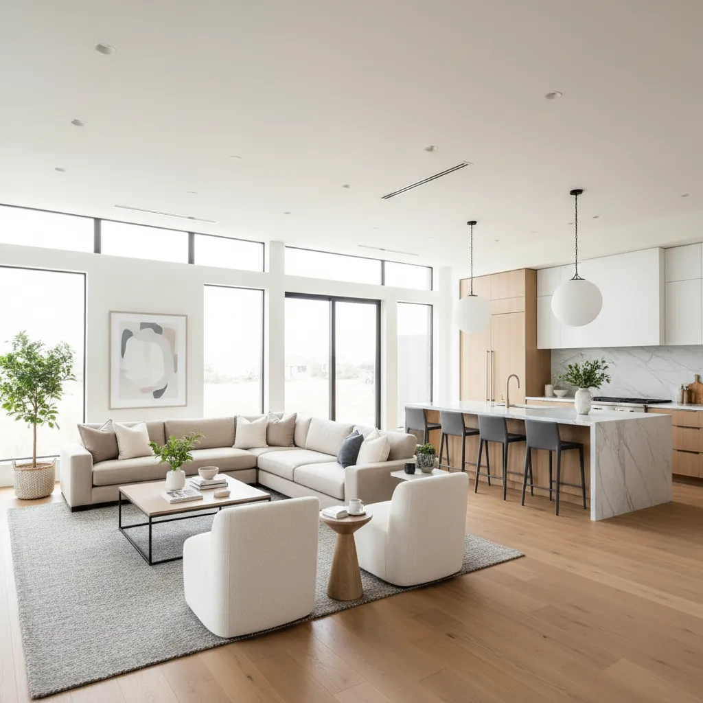 Espacio abierto de salón y cocina en una casa diseñada a medida