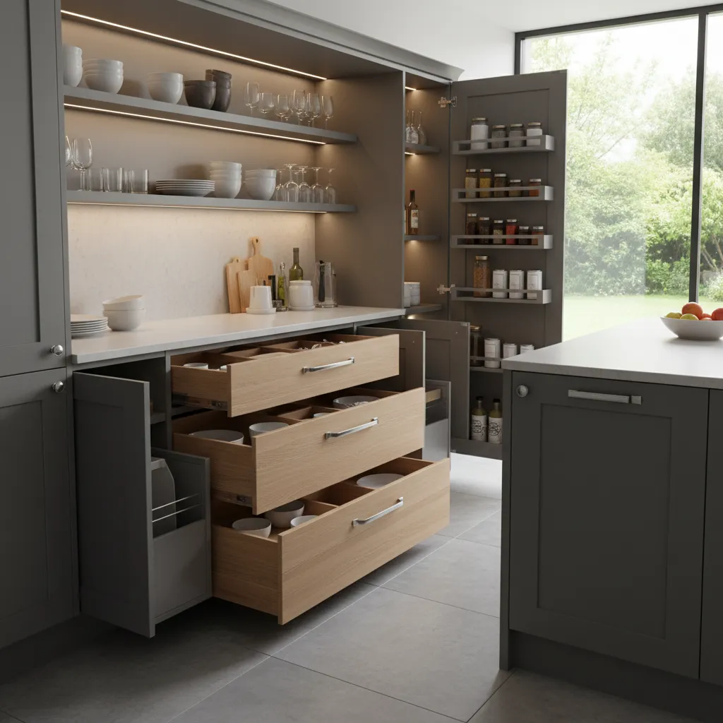 custom kitchen cabinet storage system with drawers and pantry