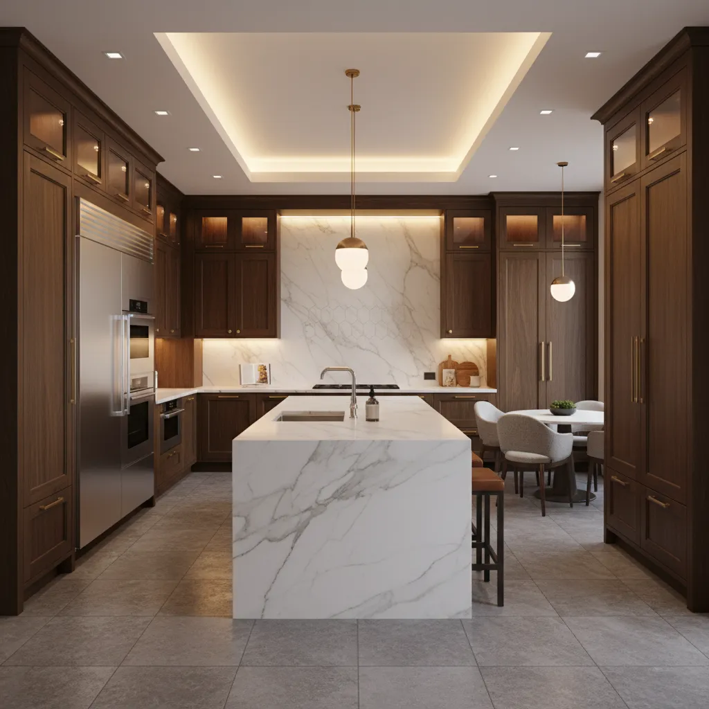 luxury custom kitchen cabinets with ceiling height storage and integrated appliances