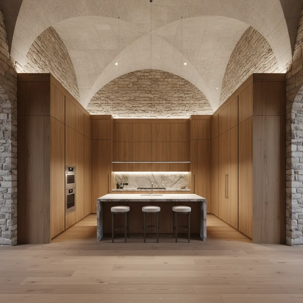 Custom kitchen cabinetry designed to fit an irregular kitchen layout