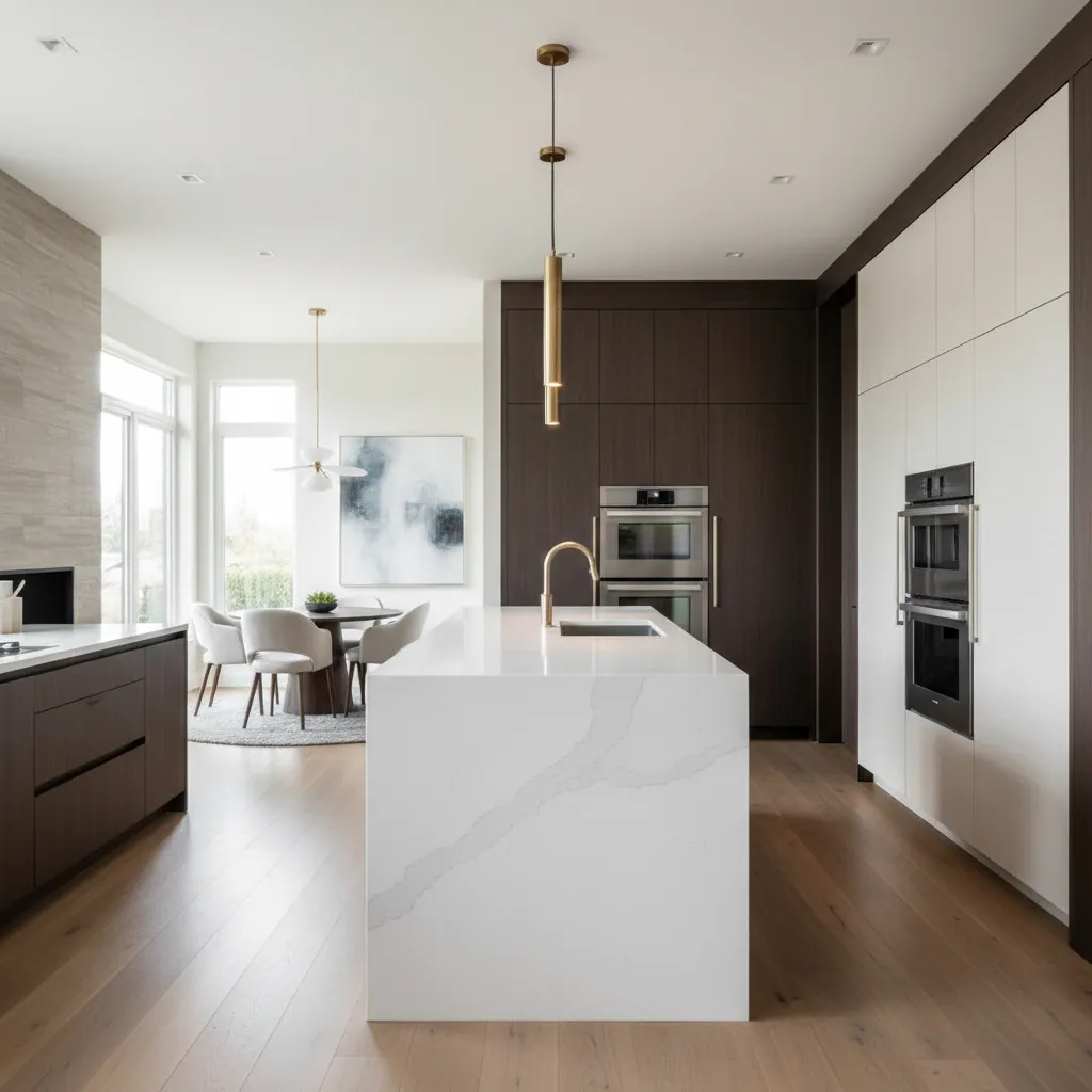 High-end custom kitchen island with waterfall countertop