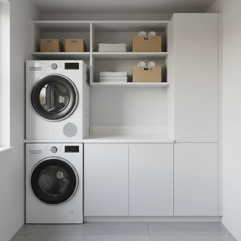 Custom laundry cabinet filling narrow space beside washer dryer