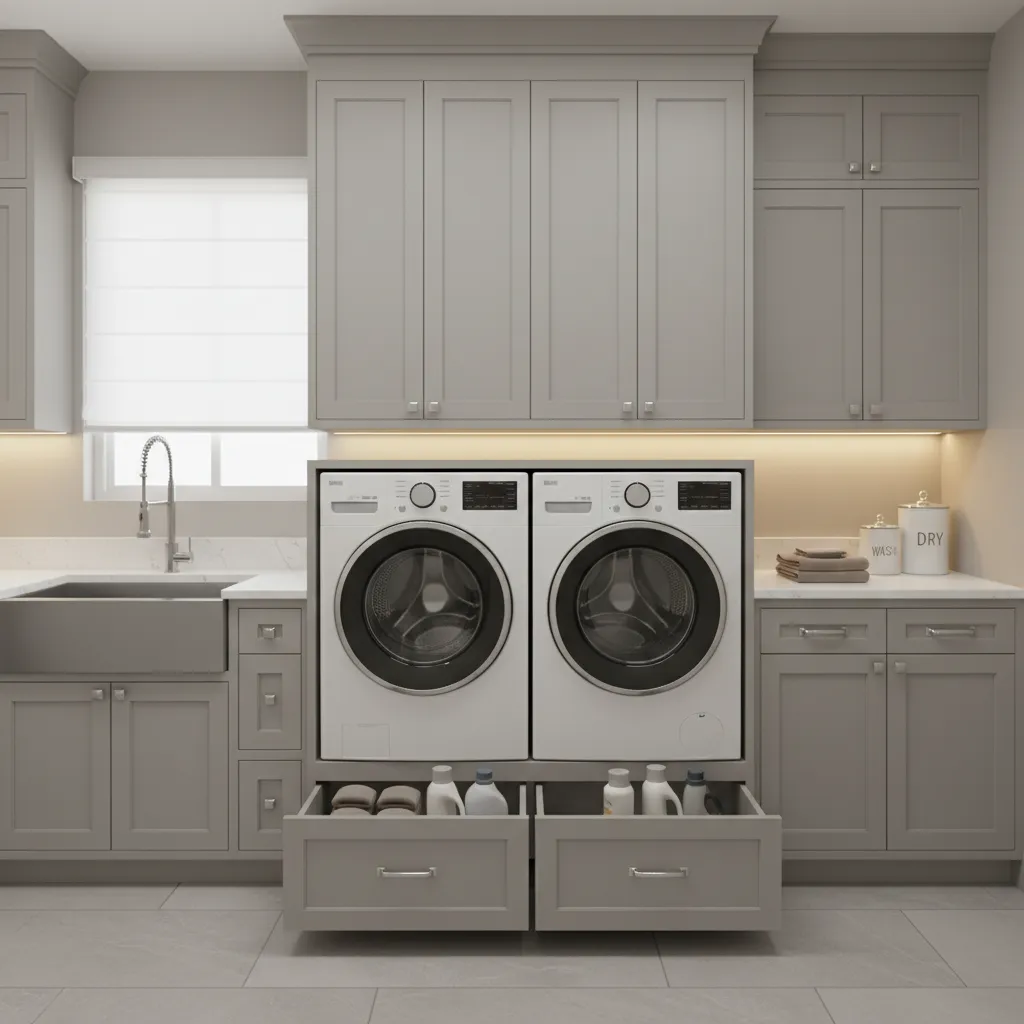 Custom built laundry pedestal with deep drawers spanning washer and dryer