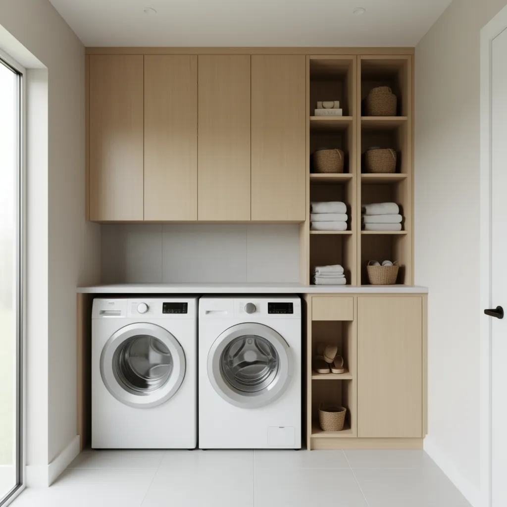 Custom laundry cabinets installed above washer and dryer