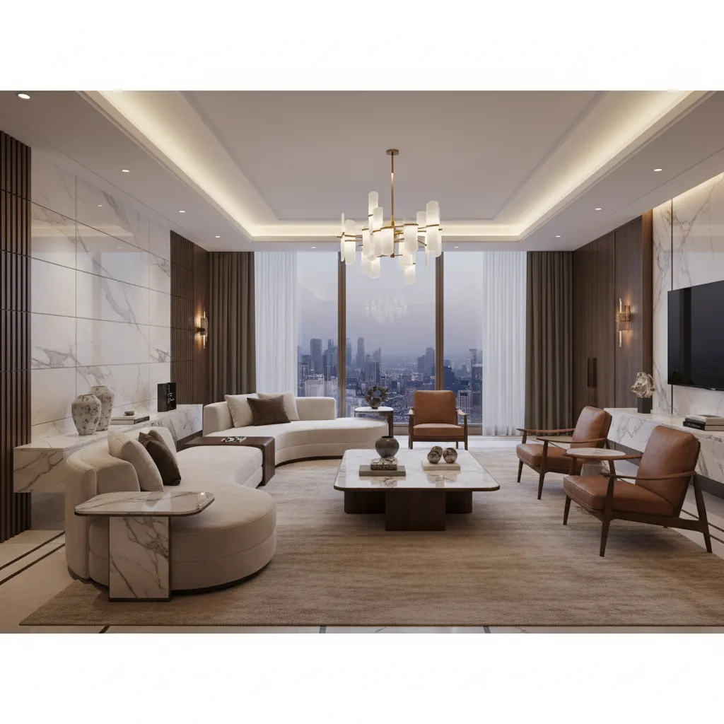 Luxury custom designed living room with bespoke furniture and layered lighting