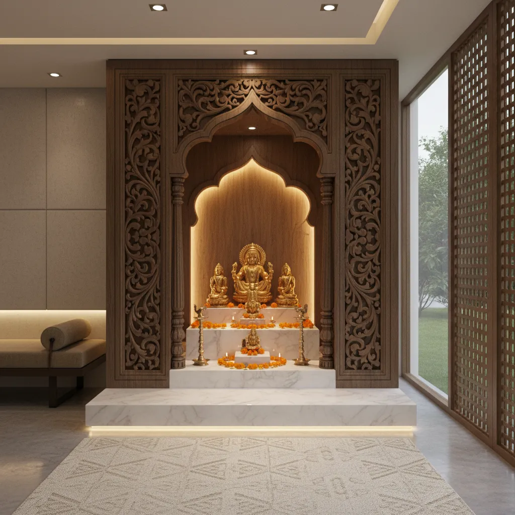 Custom mandir cabinet inside a modern Indian home interior