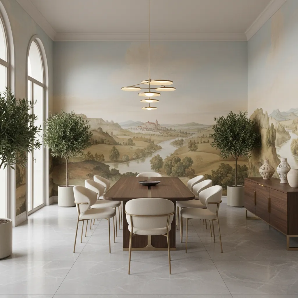 custom mural wallpaper used in a luxury dining room interior