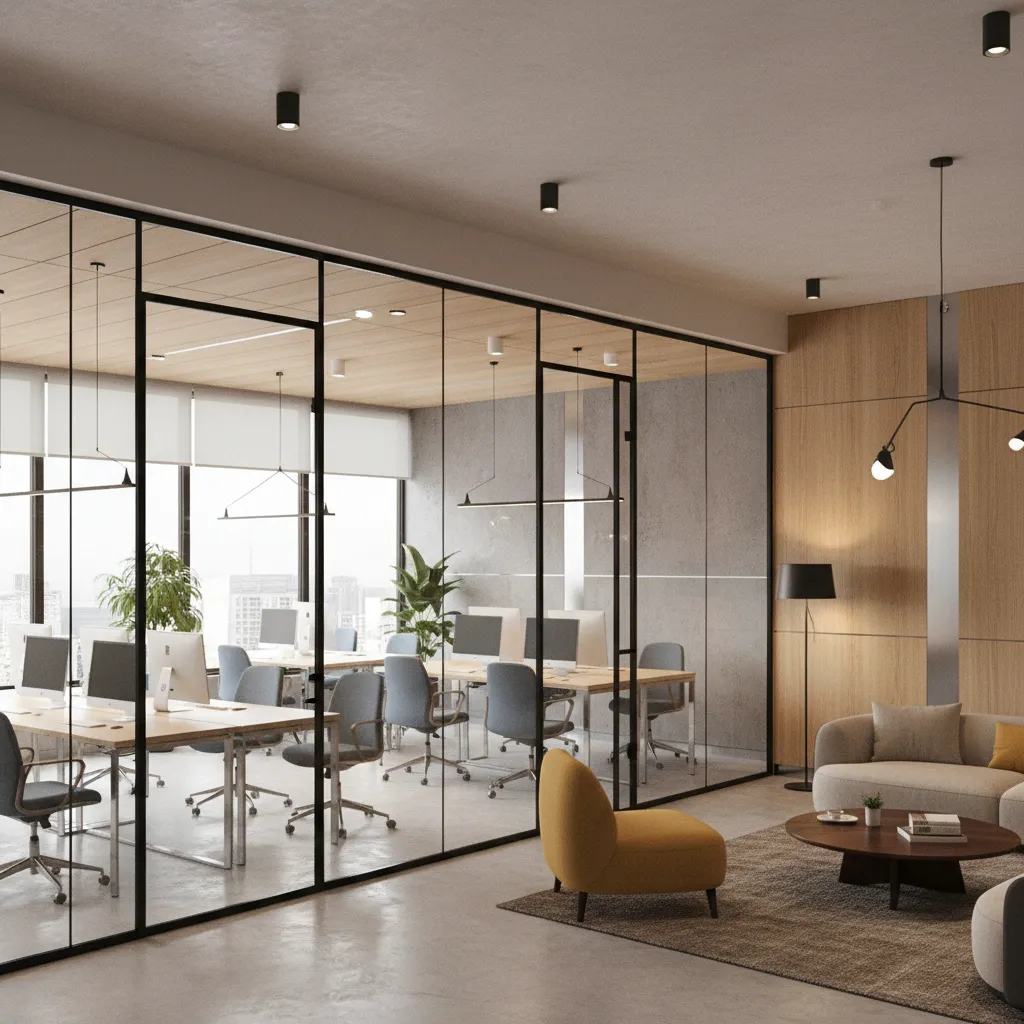 Custom designed corporate office interior showing branded workspace and meeting areas