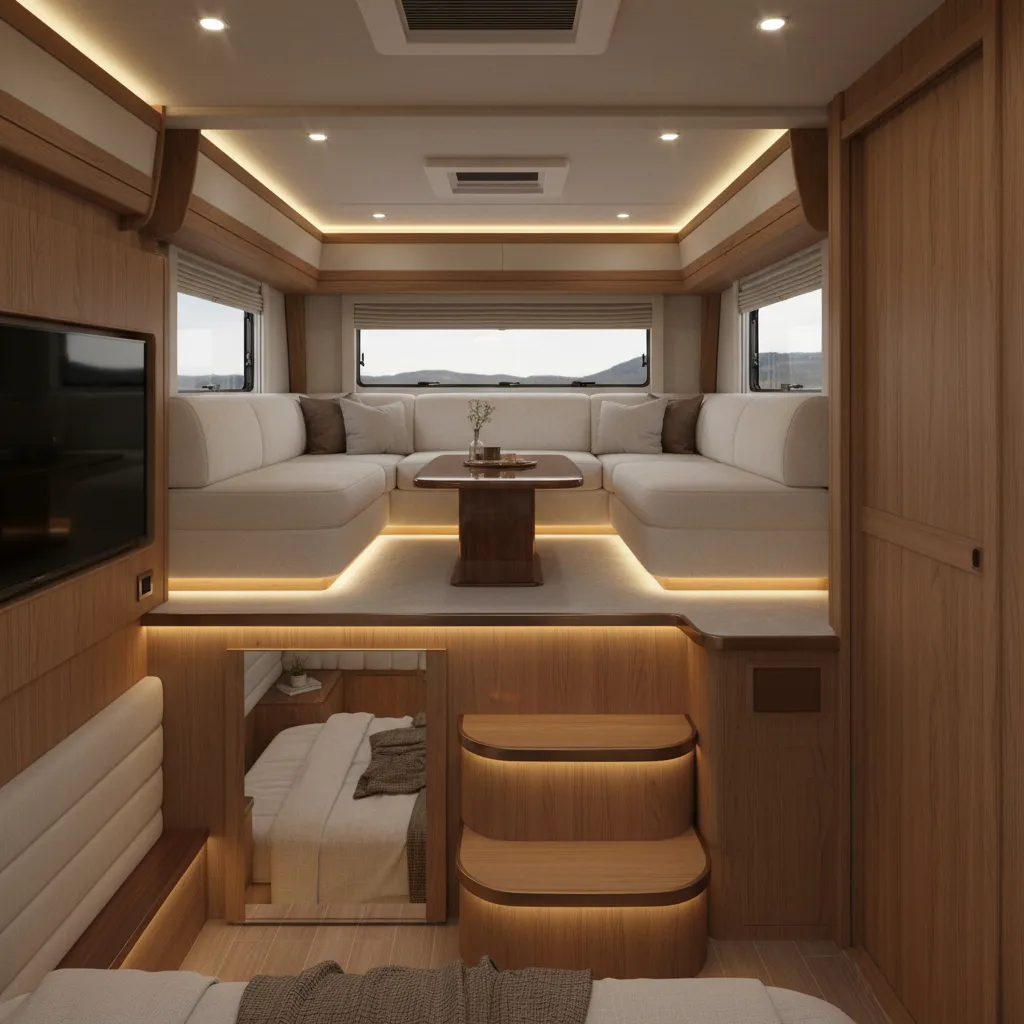 Custom RV interior split level layout with raised lounge
