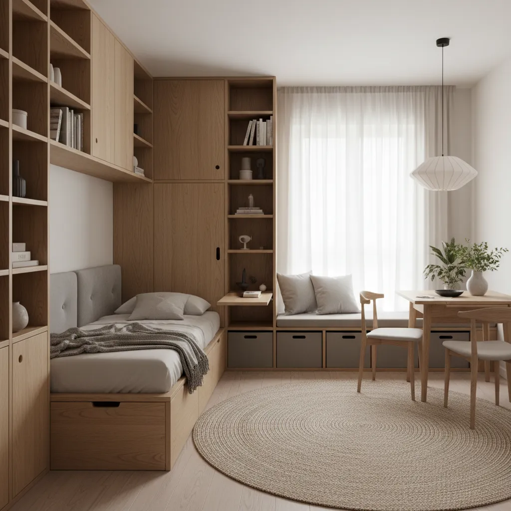 Small apartment interior design with custom wooden storage bed desk and round woven floor rug