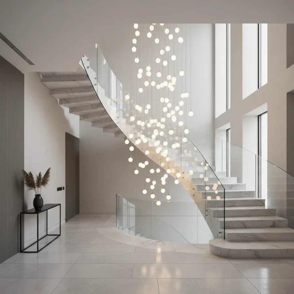 Luminaria suspendida personalizada en una escalera de doble altura