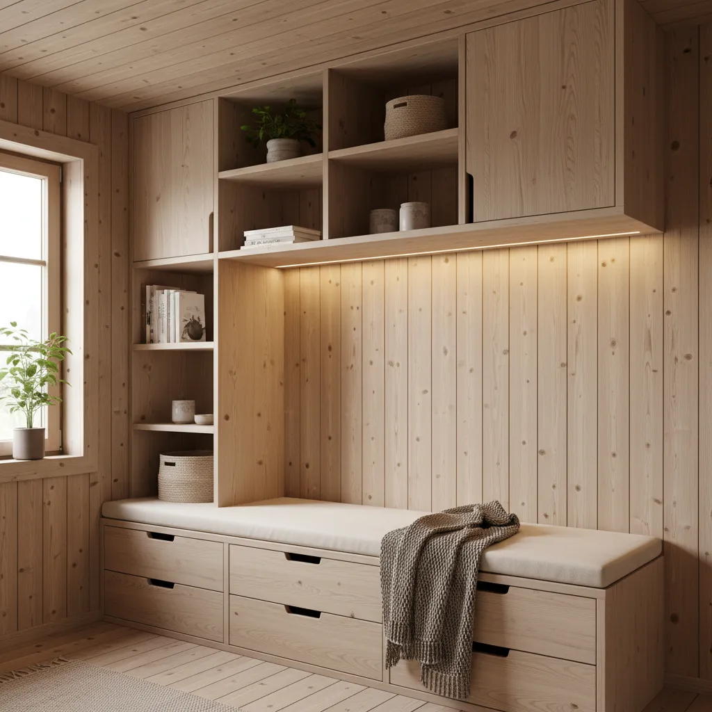 Muebles integrados y almacenamiento en una casa pequeña de madera
