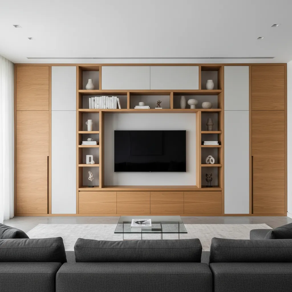 Modern living room featuring a large wooden wall cabinet with integrated television and grey sofa