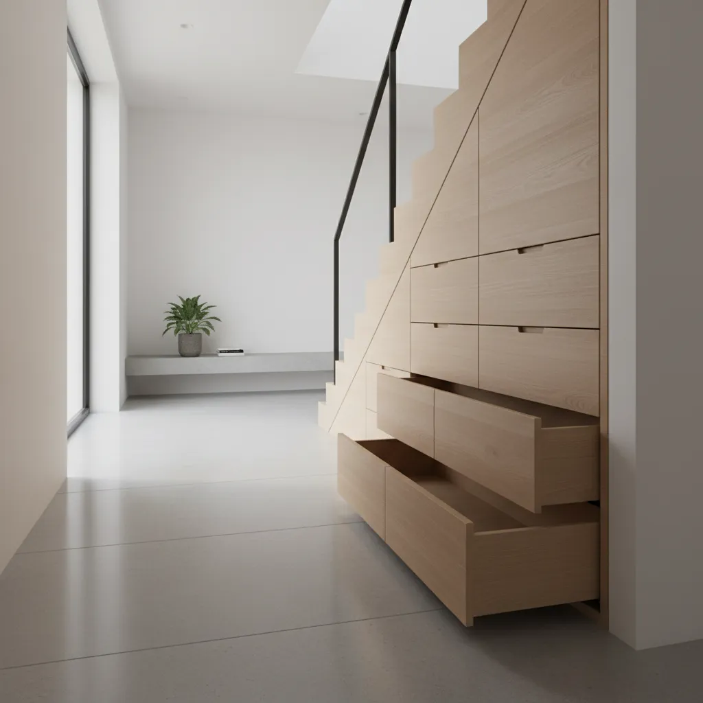Pull out drawers and cabinets built under staircase for storage