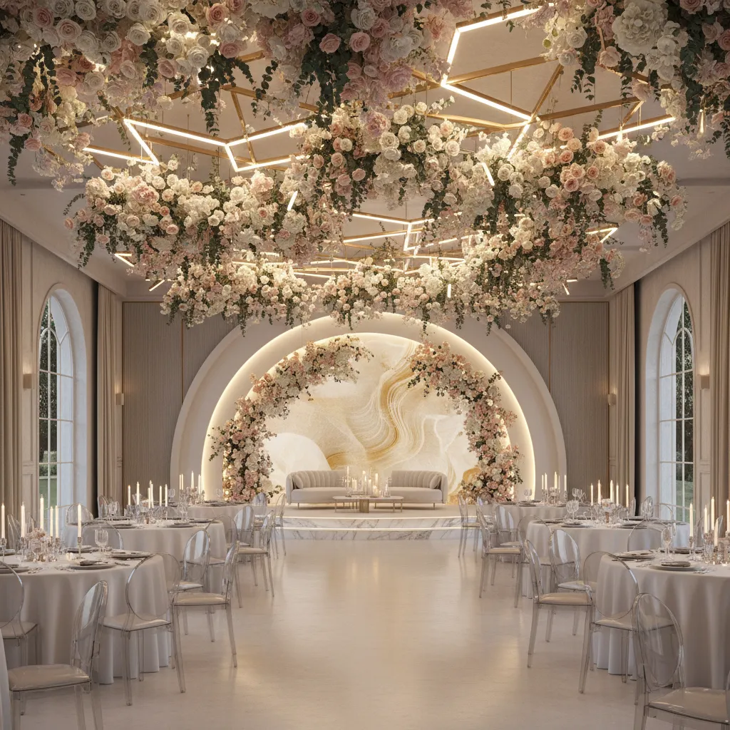Luxury custom themed wedding decoration with hanging florals and lighting