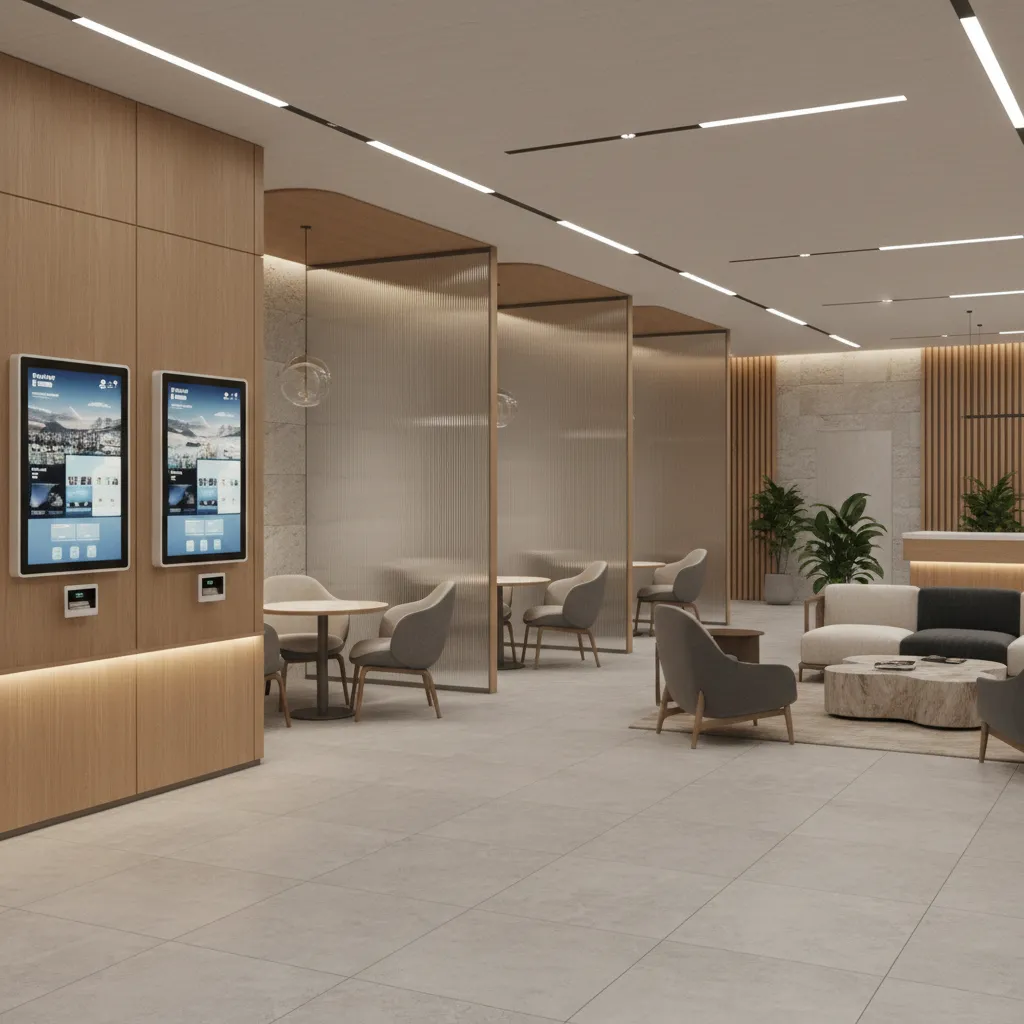 Customer centric bank branch layout with digital kiosks and consultation pods