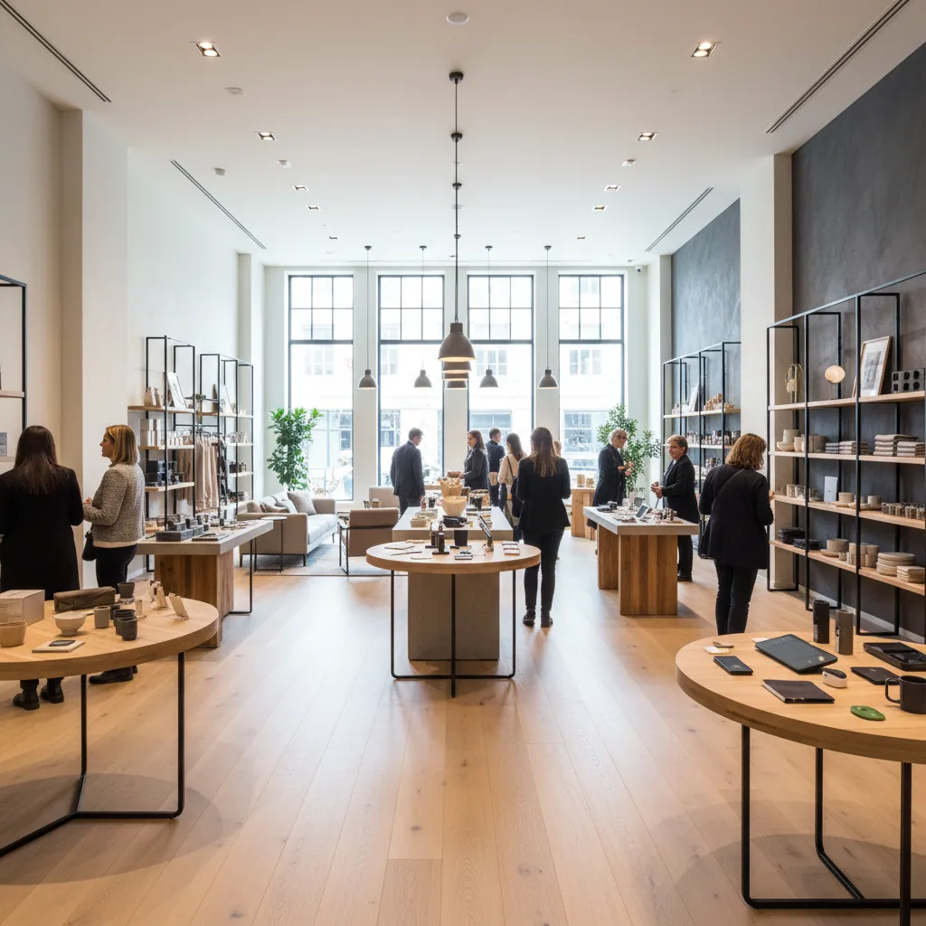 Clientes explorando una tienda con diseño interior moderno