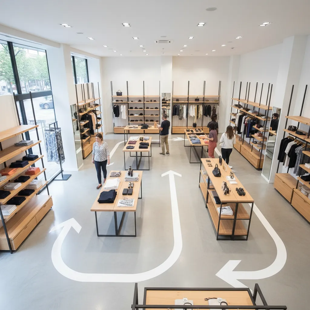 Retail clothing store layout with white floor arrows showing the customer path between display tables