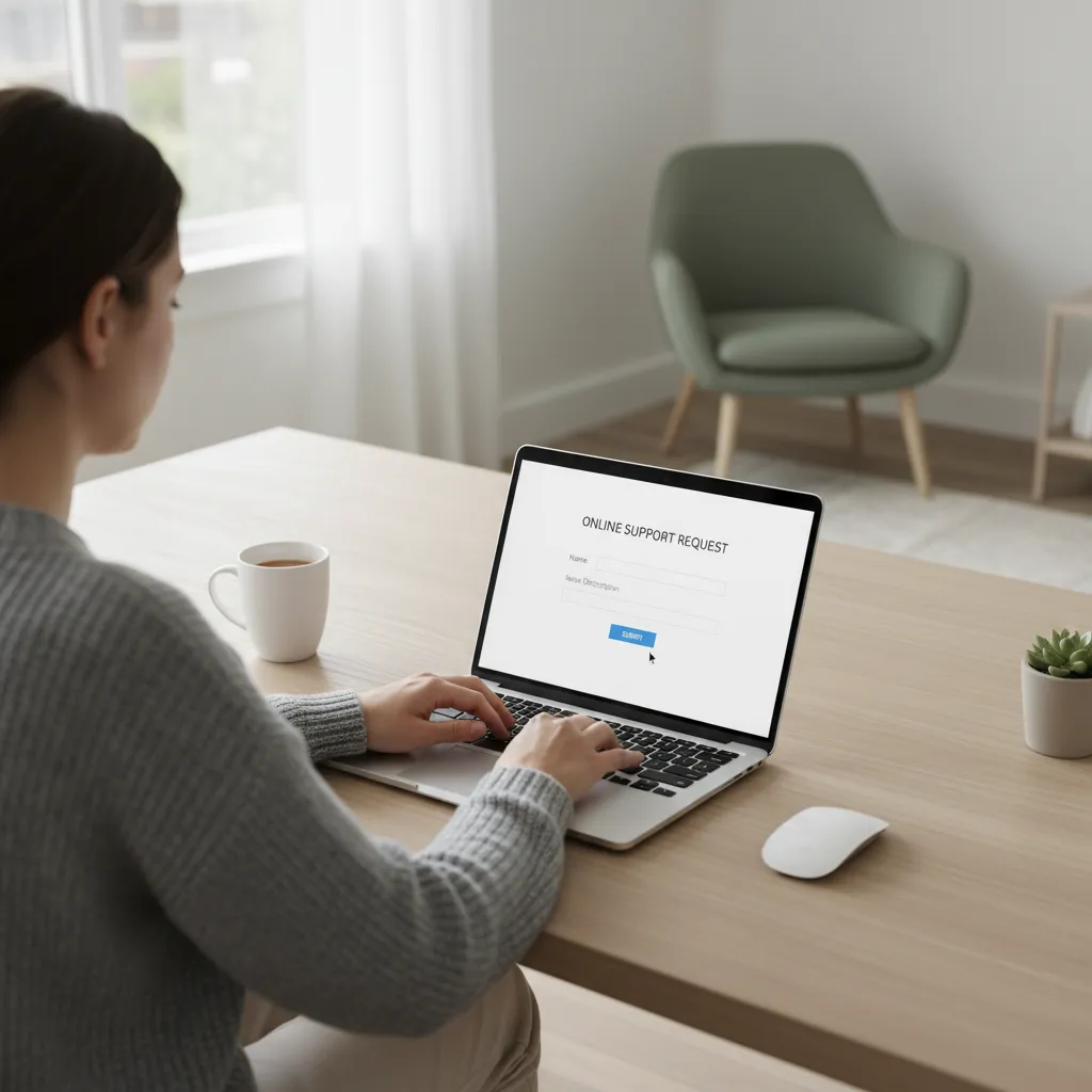 Person submitting an online customer support refund request on laptop