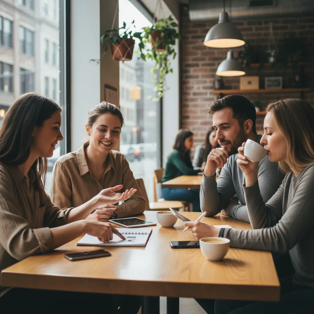 group of local customers discussing business name ideas in cafe