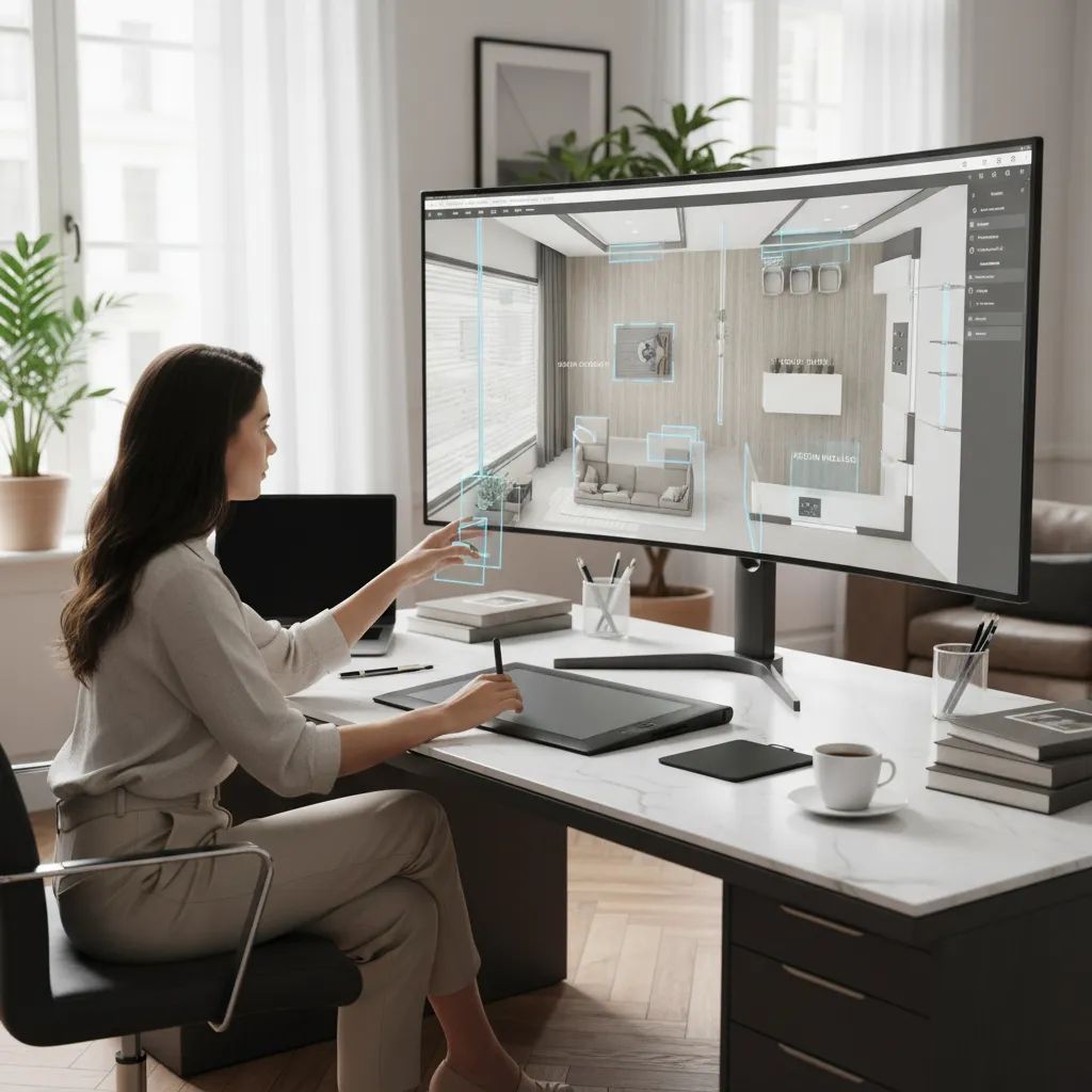 Diseñador ajustando muebles y distribución en un plano de casa