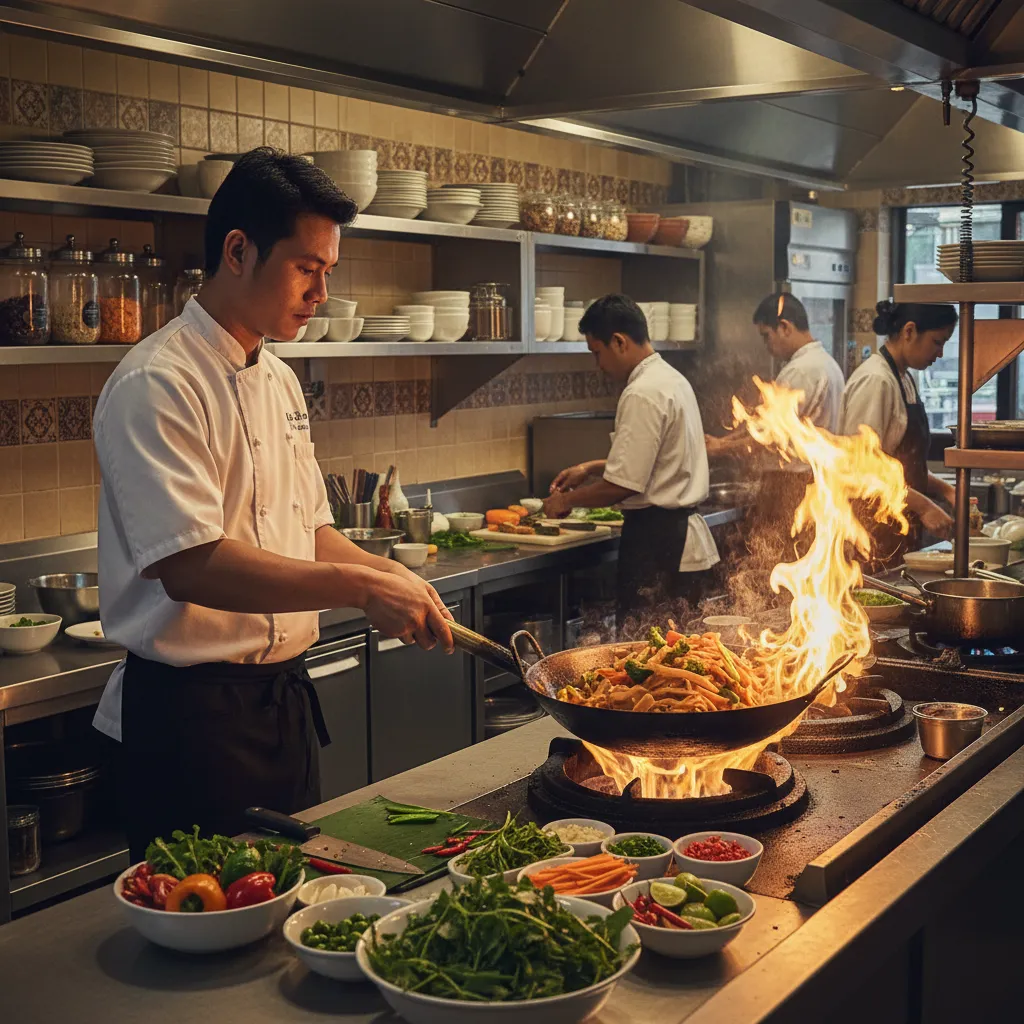 Thai chef preparing customized stir fry dish in restaurant kitchen