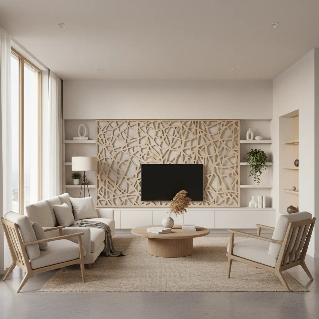 Cutout wall decor aligned proportionally with sofa width