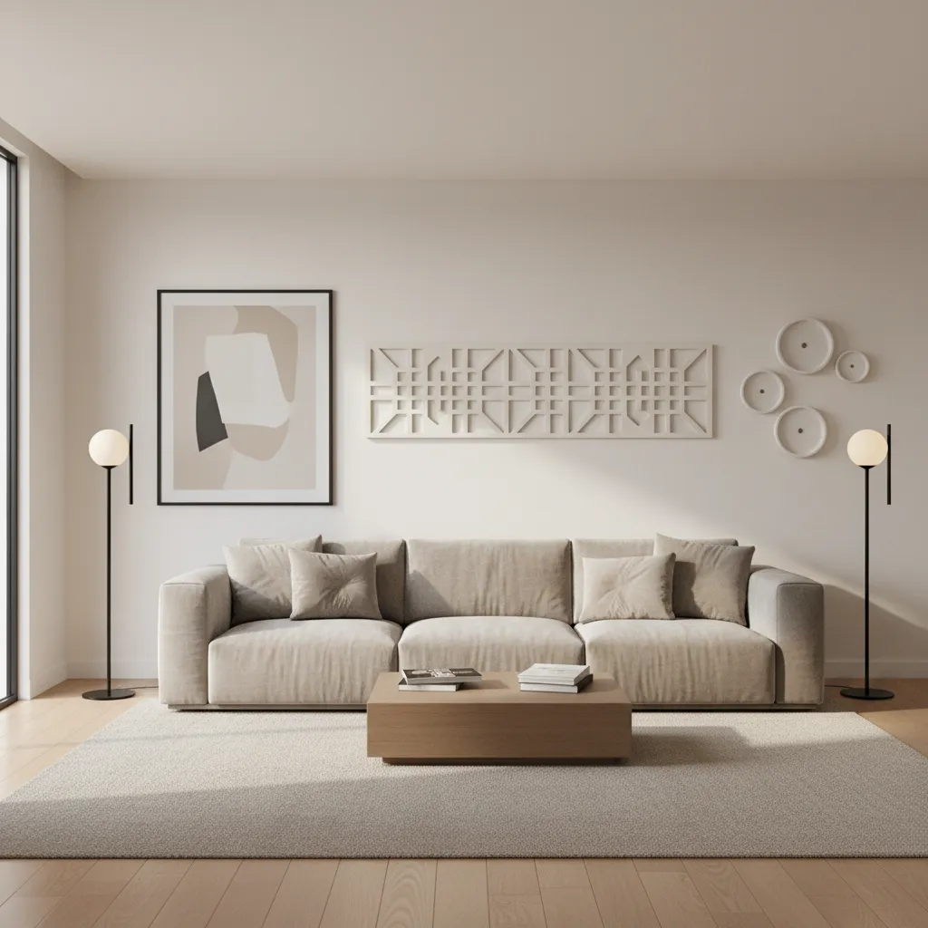 large cutout wall decor correctly scaled above sofa