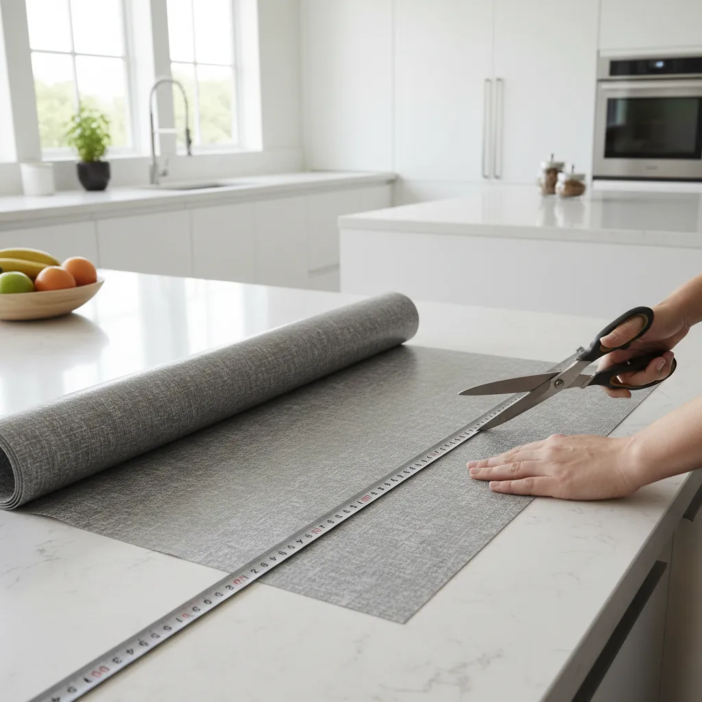Measuring and cutting cabinet liner on kitchen counter