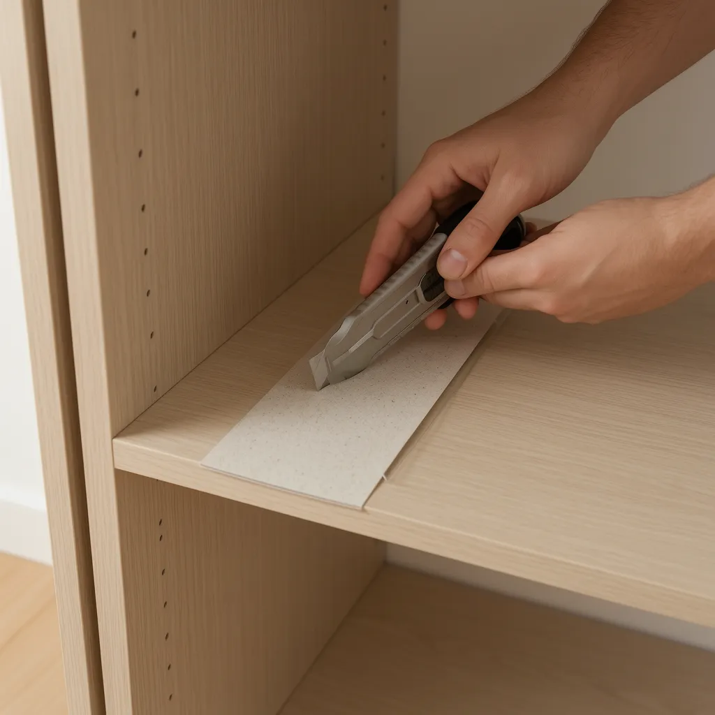 trimming shelf liner inside cabinet with utility knife for precise fit