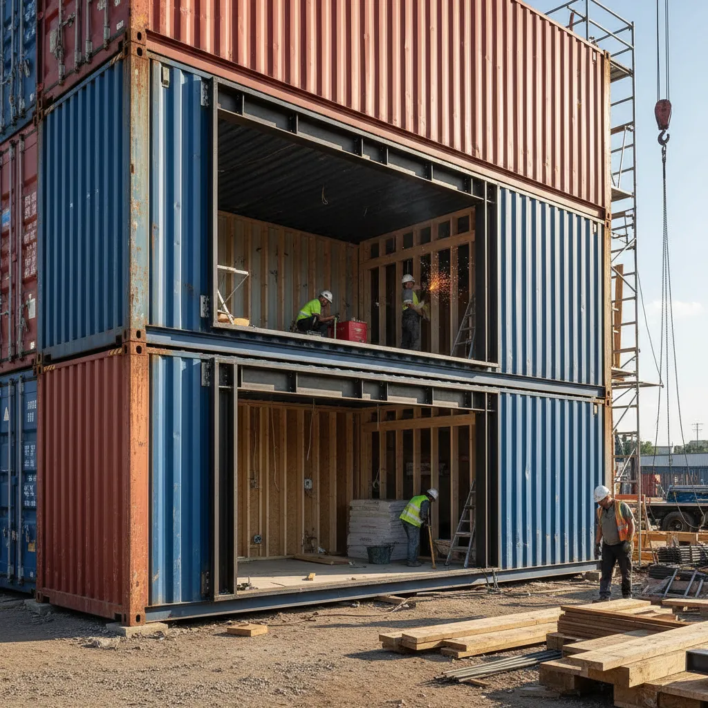 Steel reinforcement frame installed after cutting wall opening in shipping container house
