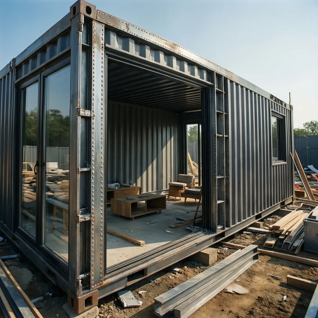 Large wall opening cut into a shipping container with steel reinforcement frame