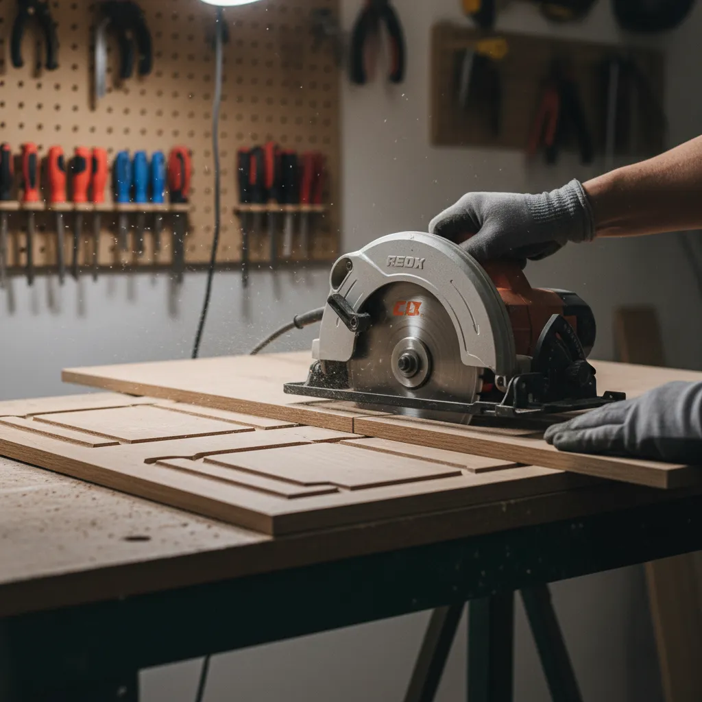 Circular saw cutting decorative wall panel with clean edge finish