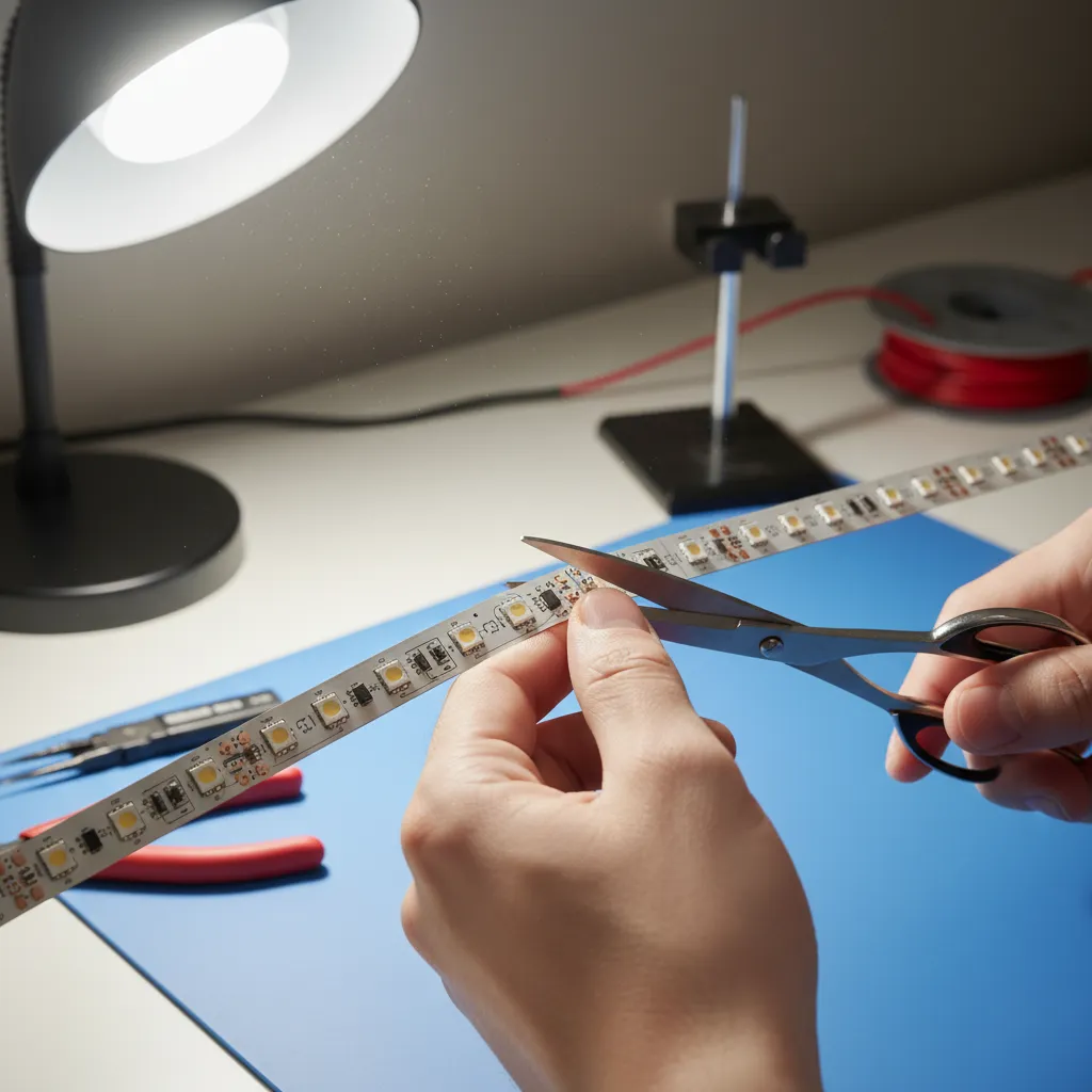 Hands cutting LED strip light at designated cut line