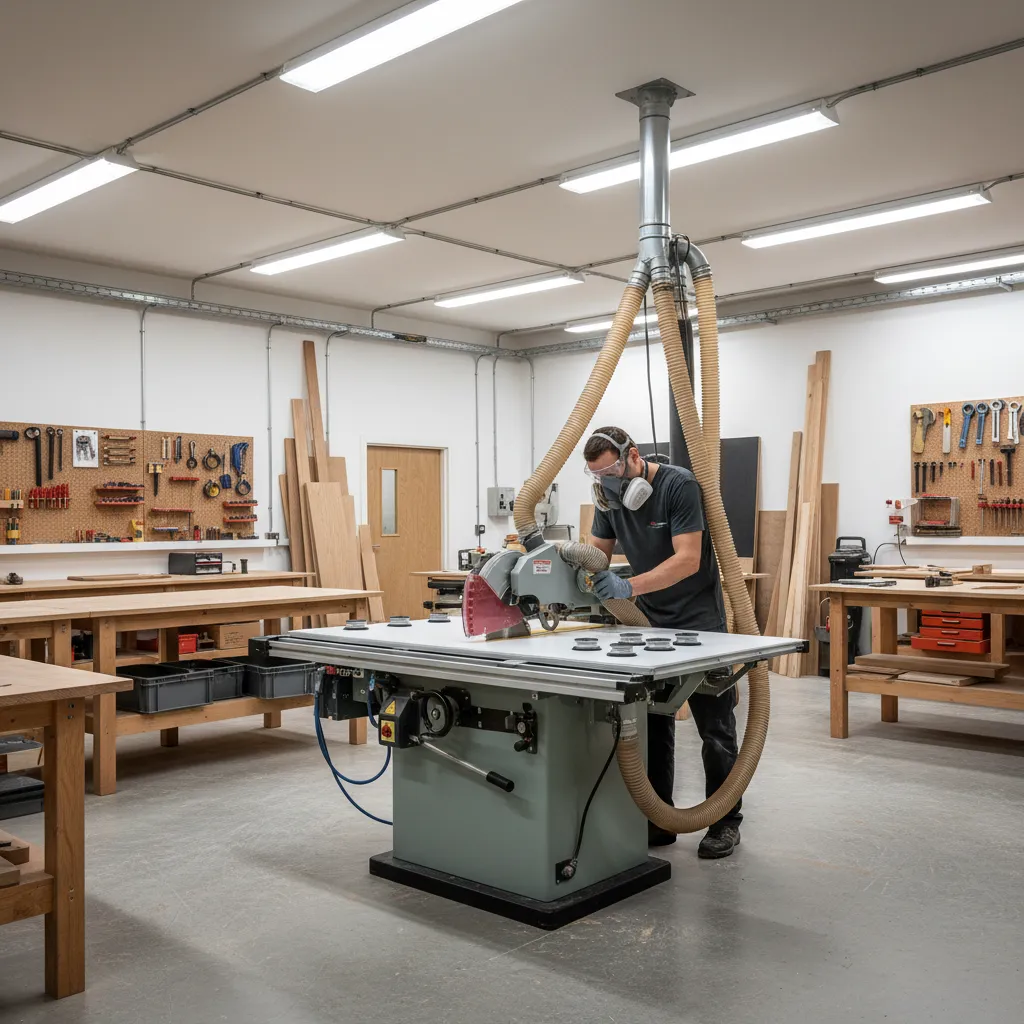 Workshop technician cutting mica sheet with precision blade and safety gear
