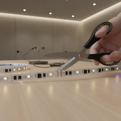 A hand using black scissors to cut a white LED light strip on a table