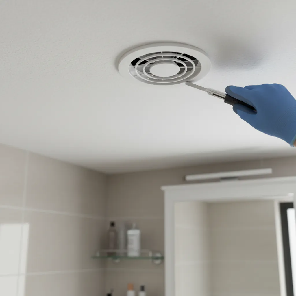 Utility knife scoring paint around bathroom fan cover edge