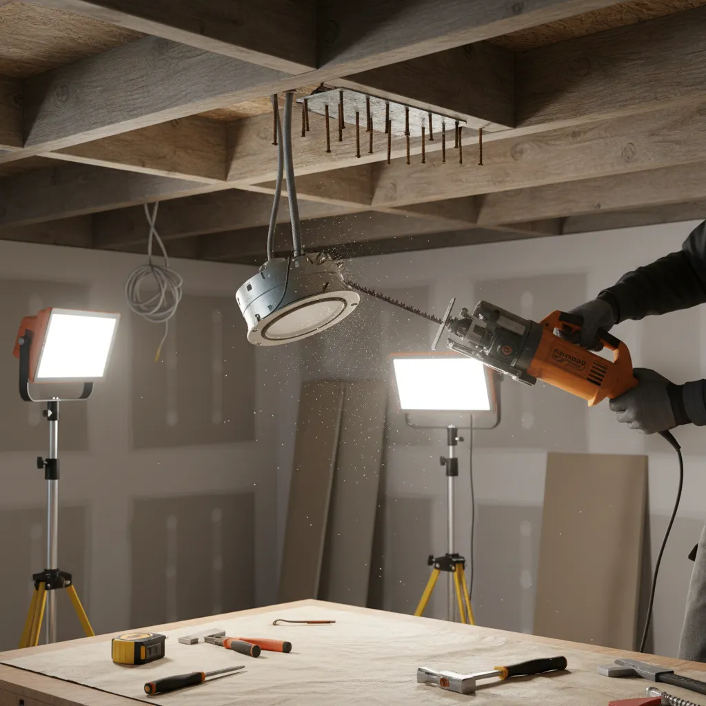 Reciprocating saw cutting nails on recessed light mounting bracket attached to joist