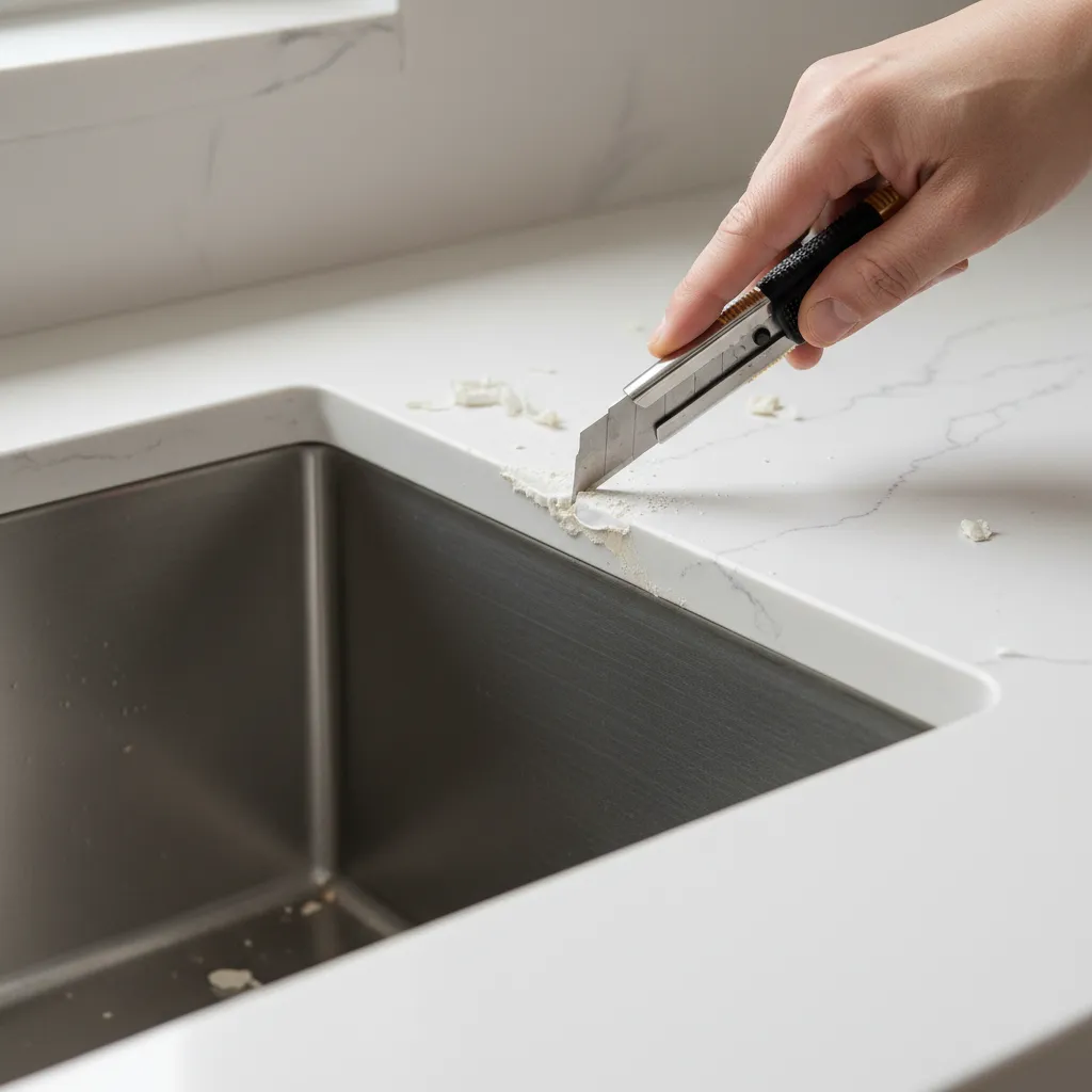Hand using utility knife to cut old white sealant from around kitchen sink edge carefully