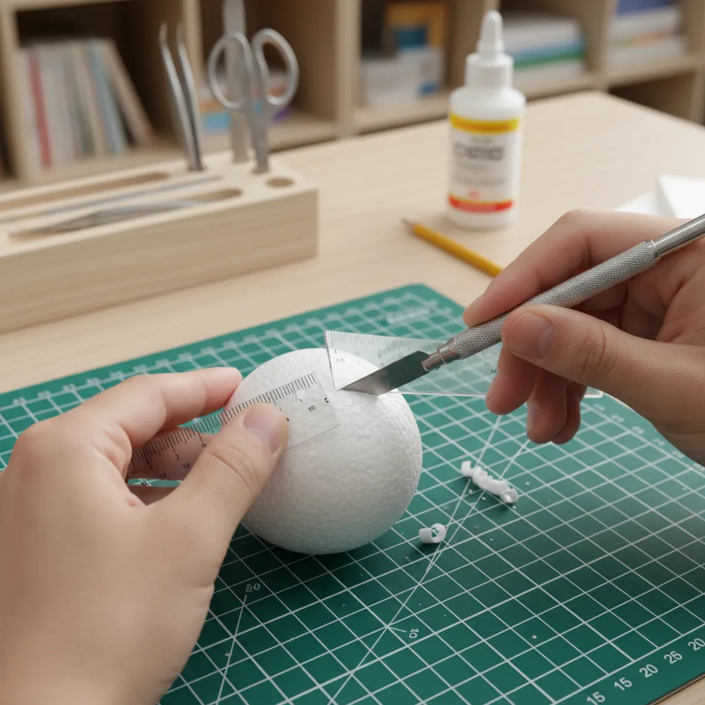 Craft knife cutting a styrofoam ball for a science cell model project