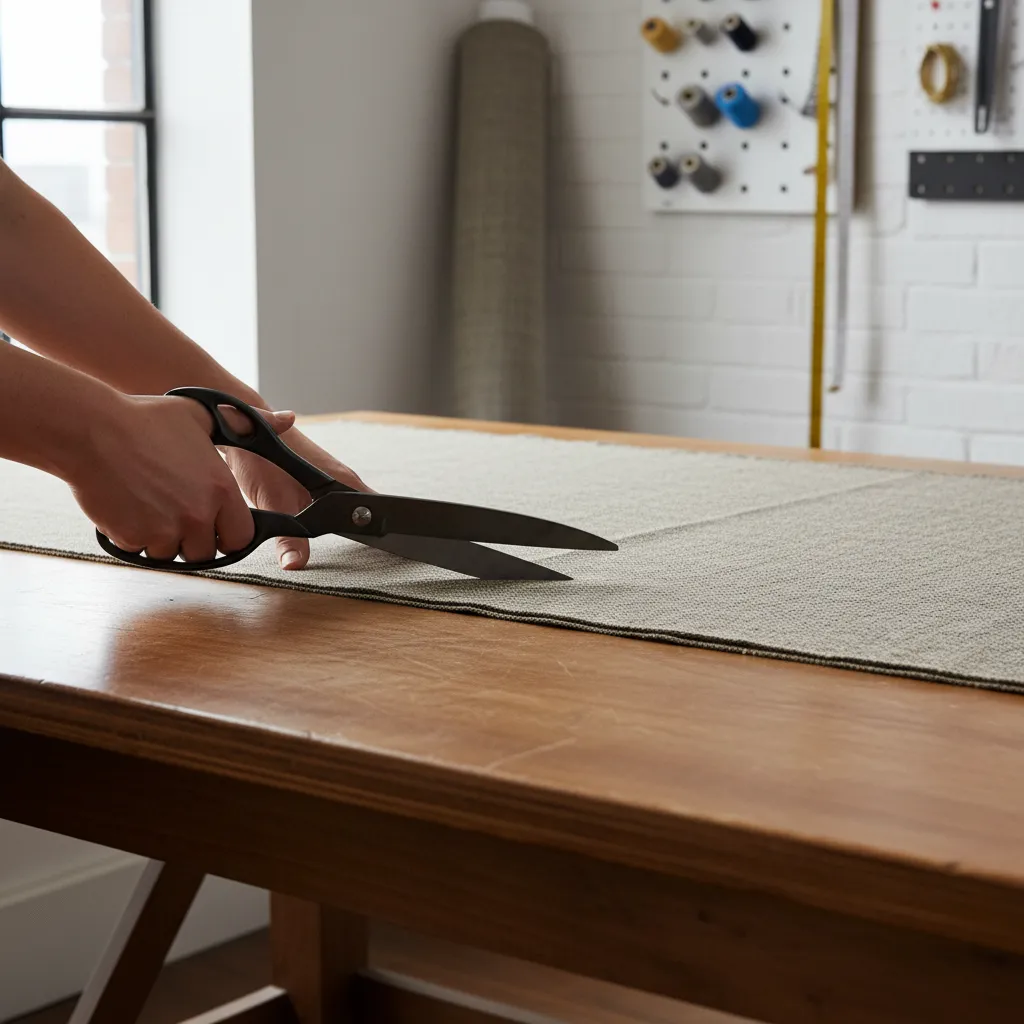 Cutting upholstery fabric with professional fabric scissors on worktable